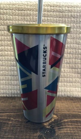 Starbucks 2014 Multicolor Geo 16oz Grande Stainless Steel Tumbler Cup With Straw