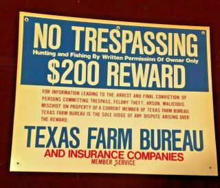Texas Farm Bureau No Trespassing Hunting And Fishing Vintage Plastic Sign