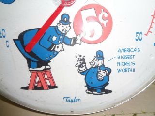 AWESOME VINTAGE TAYLOR 5 cent PEPSI - COLA PETE THE COP ROUND ALUMINUM THERMOMETER 2