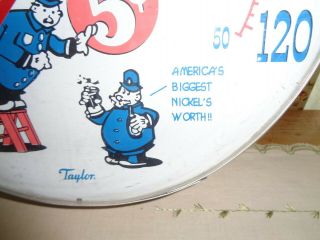 AWESOME VINTAGE TAYLOR 5 cent PEPSI - COLA PETE THE COP ROUND ALUMINUM THERMOMETER 5