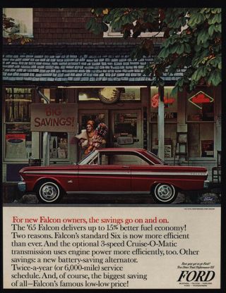 1965 Red Ford Falcon Car - Pretty Woman At Mom & Pop Grocery Store Vintage Ad