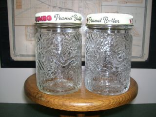 Group Of Two 10 1/2 Oz Jumbo Peanut Butter Jars Or Bottles With Lids