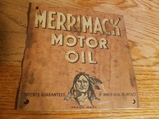 Rare Vintage Merrimack Motor Oil Metal Tin Sign Old Gas Station Indian Farm