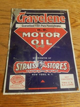 Vintage Travelene Oil Metal Tin Sign Old Gas Station Car Truck Strauss York