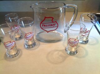 Vintage Falstaff Beer Pitcher W/ 5 Falstaff Glasses Barware