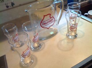 VINTAGE FALSTAFF BEER PITCHER w/ 5 FALSTAFF GLASSES BARWARE 3