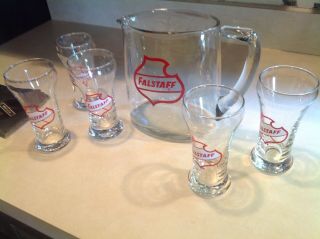 VINTAGE FALSTAFF BEER PITCHER w/ 5 FALSTAFF GLASSES BARWARE 6