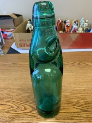 C1900 Cod Neck Green Glass Bottle (with Marble In The Neck) 9 " Heavy Duty Patina