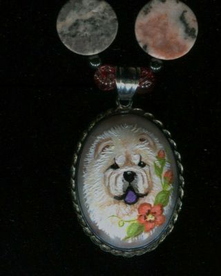 Hand Painted Cream Chow Chow With Flower Stone Necklace.  Art