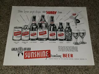 Sunshine Beer Paper Sign Reading,  Pa Cone Top Can Flat Top Bottle Tap Knob