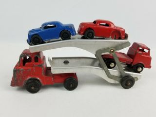 Vtg.  Miniature Steel Car Carrier Semi - Truck W/ Cars & Pick - Up Aluminum Trailer
