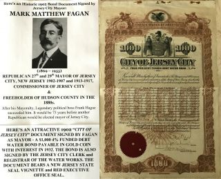 Republican Mayor Jersey City Hudson Nj Gold Water Bond Document Signed 1902 Vf