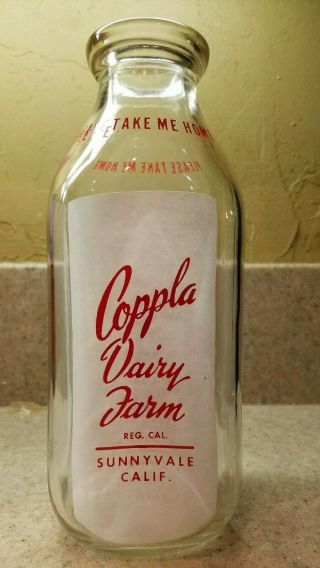 Vintage 1959 Coppla Dairy Farm Glass Quart Milk Bottle Sunnyvale Ca Calif