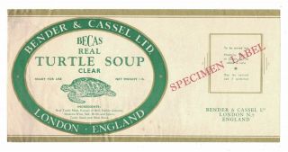 Vintage Specimen Label,  Adv.  Turtle By Bender & Cassel Ltd. ,  Becas Turtle Soup