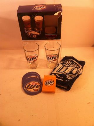 Miller Lite Gift Set - - 2 Beer Glasses,  Bar Towel,  4 Coasters - - - - - -