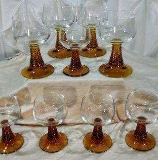 9 Vintage Roemer Wine Glasses Goblets Amber Ribbed Beehive Stems 4 Large 5 Small