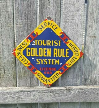 Tourist Golden Rule System Porcelain Sign Hospitality Service Station Vintage