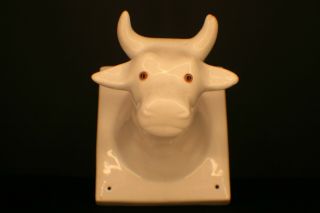 Vintage White Ceramic Cow Bull Head Towel Apron Holder Amber Eyes A2