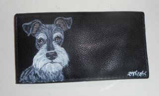 Miniature Schnauzer Dog Hand Painted Leather Deluxe Checkbook Cover Wallet
