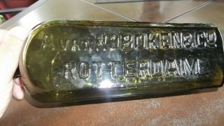 AVAN HOBOKEN & CO ROTTERDAM GIN BOTTLE DEEP OLIVE Antique 1800 ' s LARGE 11 inch 4