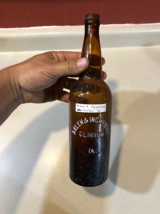 Quart Amber Arlen &ingwersen Beer Bottle Clinton Iowa Ia