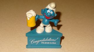 Smurfs Congratulations Drink Smurf - A - Gram Vintage Rare Figurine On Stand Beer