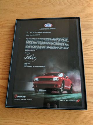 Framed Dodge Demon Nhra Letter Official Advertisement Article - Colored