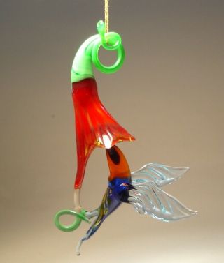 Blown Glass Figurine Bird Hanging Blue Hummingbird & Red Flower Ornament
