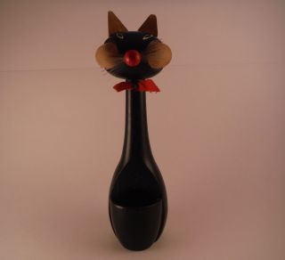 Vintage Mid - Century Modern Wood Black Siamese Cat Toothpick Holder 10 " Tall