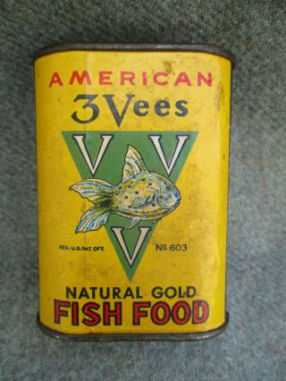 Vintage American 3 Vees Pet Aquarium Gold Fish Food Can W Tin Top