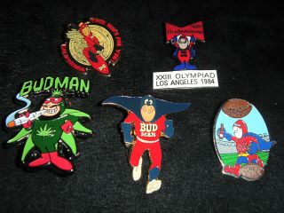 Bud Man Hat/lapel Pin Set 6,  Five Assorted Large Pins