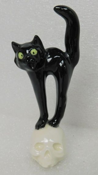 Vintage Halloween Black Cat On Skull Ceramic Figure Mid Century Scarce