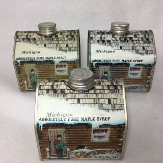 3 Vtg Maple Syrup Log Cabin Tins Decorative Container Empty 16.  9 Ounces 1984 Usa