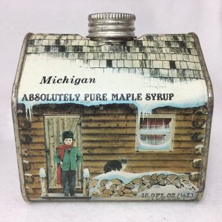 3 VTG Maple Syrup Log Cabin Tins Decorative Container EMPTY 16.  9 Ounces 1984 USA 2
