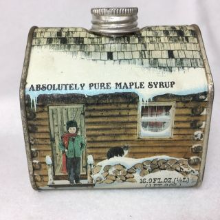 3 VTG Maple Syrup Log Cabin Tins Decorative Container EMPTY 16.  9 Ounces 1984 USA 4