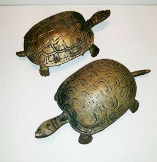 2 Brass Turtle Hinged Box Boxes Metal Trinket 6 " Long Vintage