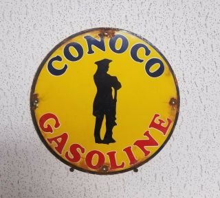 Old Vintage Yellow Conoco Gasoline Porcelain Enamel Gas Pump Sign