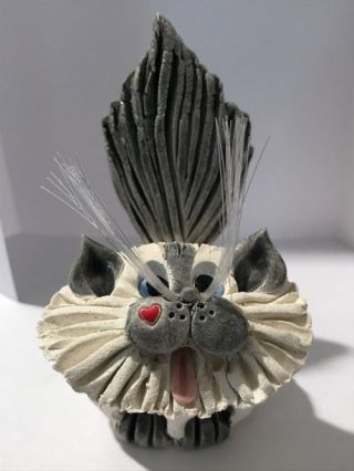 Sherri Pence Handmade Ceramic Gray & White Cat Business Card Holder Figurine
