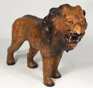 Vintage Leather Wrapped Lion Animal Figure Statue Handmade Art Decor Safari