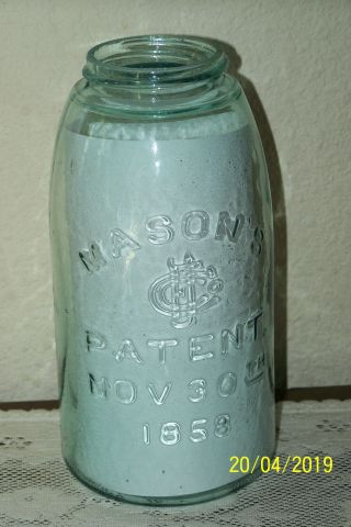 Antique (1878 - 82) Blue/green 1/2 Gal Consolidated Fruit Jar Co.  Mason Jar & Lid