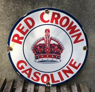 Vintage Red Crown Gasoline Porcelain Gas Oil Service Station Pump Plate Sign