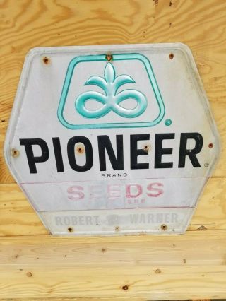 Vintage Pioneer Seed Corn Dealer Embossed Aluminum Sign Farm Advertising 33 X 36
