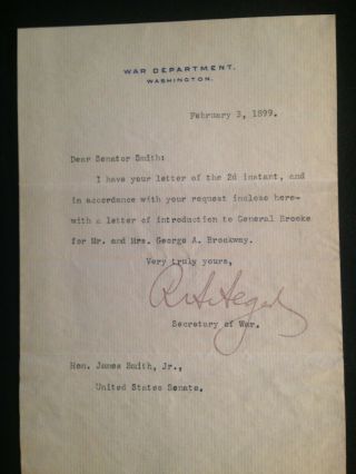 Russell Alger Signed Letter - 1899 - Secretary Of War