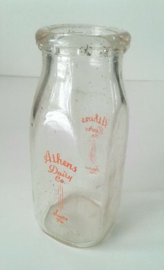 Rare Vintage Antique Half Pint Milk Bottle,  Athens Dairy,  Sayre Pa