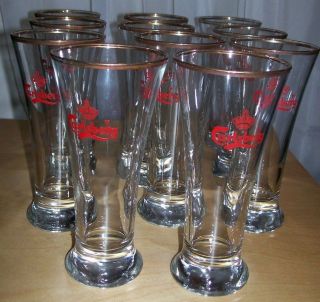 Vintage Carlsberg Beer Barware Drinking Gold Rim Glasses Set Of 11
