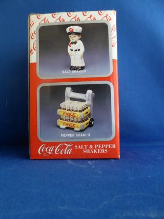 1997 Coca - Cola Delivery Man W/case Salt And Pepper Ceramic Shaker Enesco