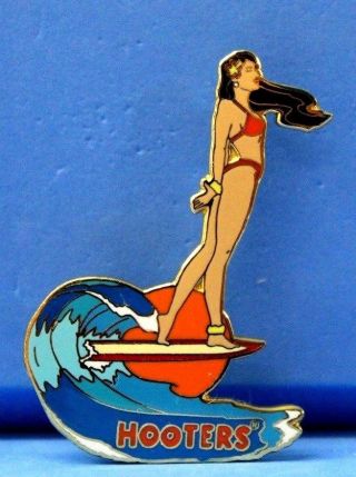 Hooters Hawaiian Black Hair Girl Surfing Waves Surfboard Lapel Pin