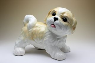 Shih Tzu Puppy Gold And White Parti - Colored Dog Porcelain Figurine Japan