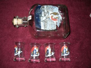 Vintage Holme Gaard Of Copenhagen Glass Decanter,  4 Matching Shot Glasses Gnome