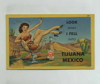 Tijuana Mexico Risque Woman Comic Fantasy Linen Postcard Beer Wz4396